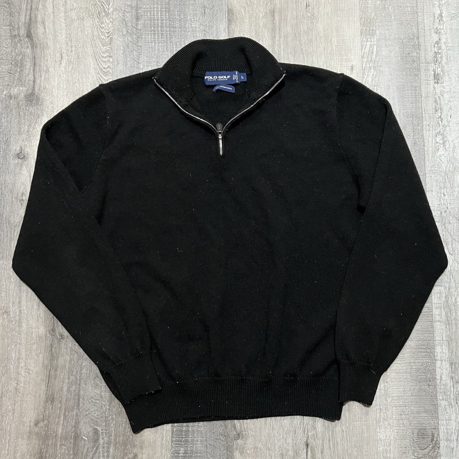 Vtg Polo Golf Sweater Mens Large Black Merino Wool Quarter Zip Pullover Preppy